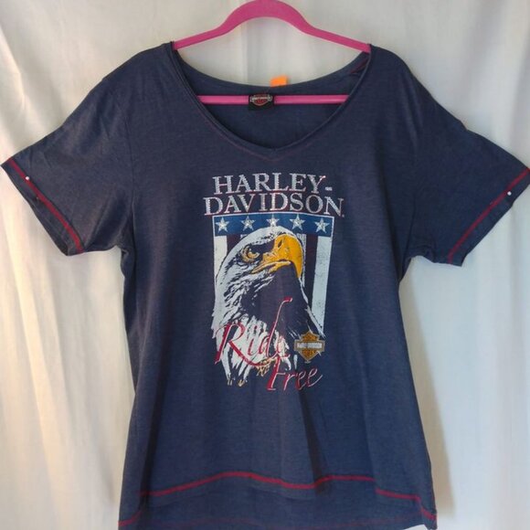 Size 3X Ladies Daytona Harley Davidson Eagle Blue/Bling V Neck Tee - Picture 7 of 7